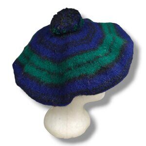 Vintage Scotland Wool Beret Hat Green Blue Pom Pom Scottish Golf Hat